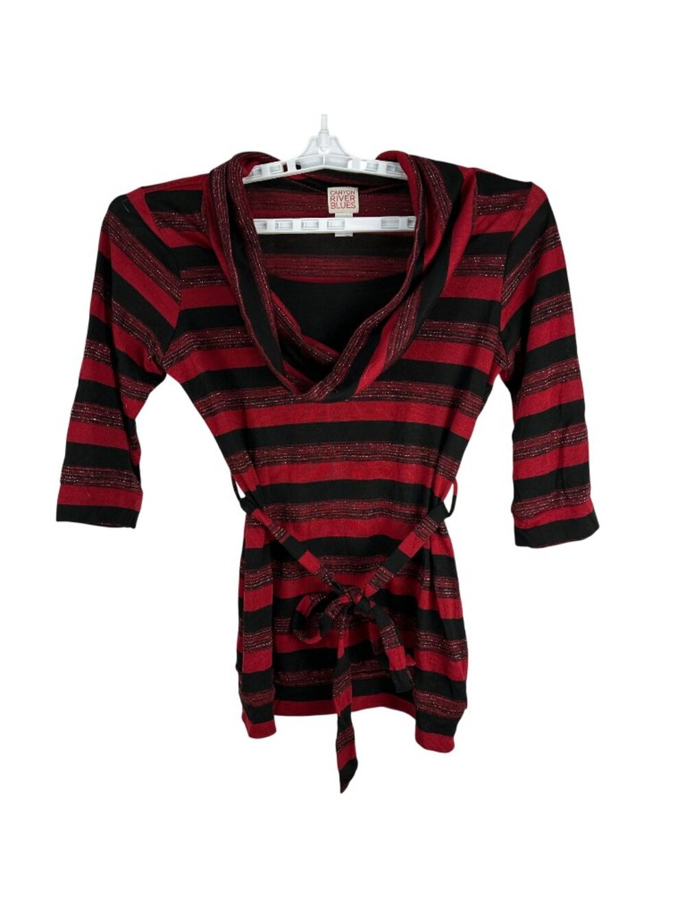 Canyon River Blues Red & Black Striped Sweater Top Womens L Belted Cowl Neck